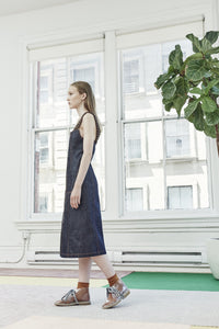 INDIGO DENIM APRON DRESS WITH BEADED SHOULDER STRAP