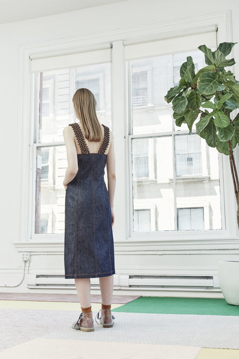 INDIGO DENIM APRON DRESS WITH BEADED SHOULDER STRAP