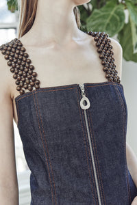 INDIGO DENIM APRON DRESS WITH BEADED SHOULDER STRAP